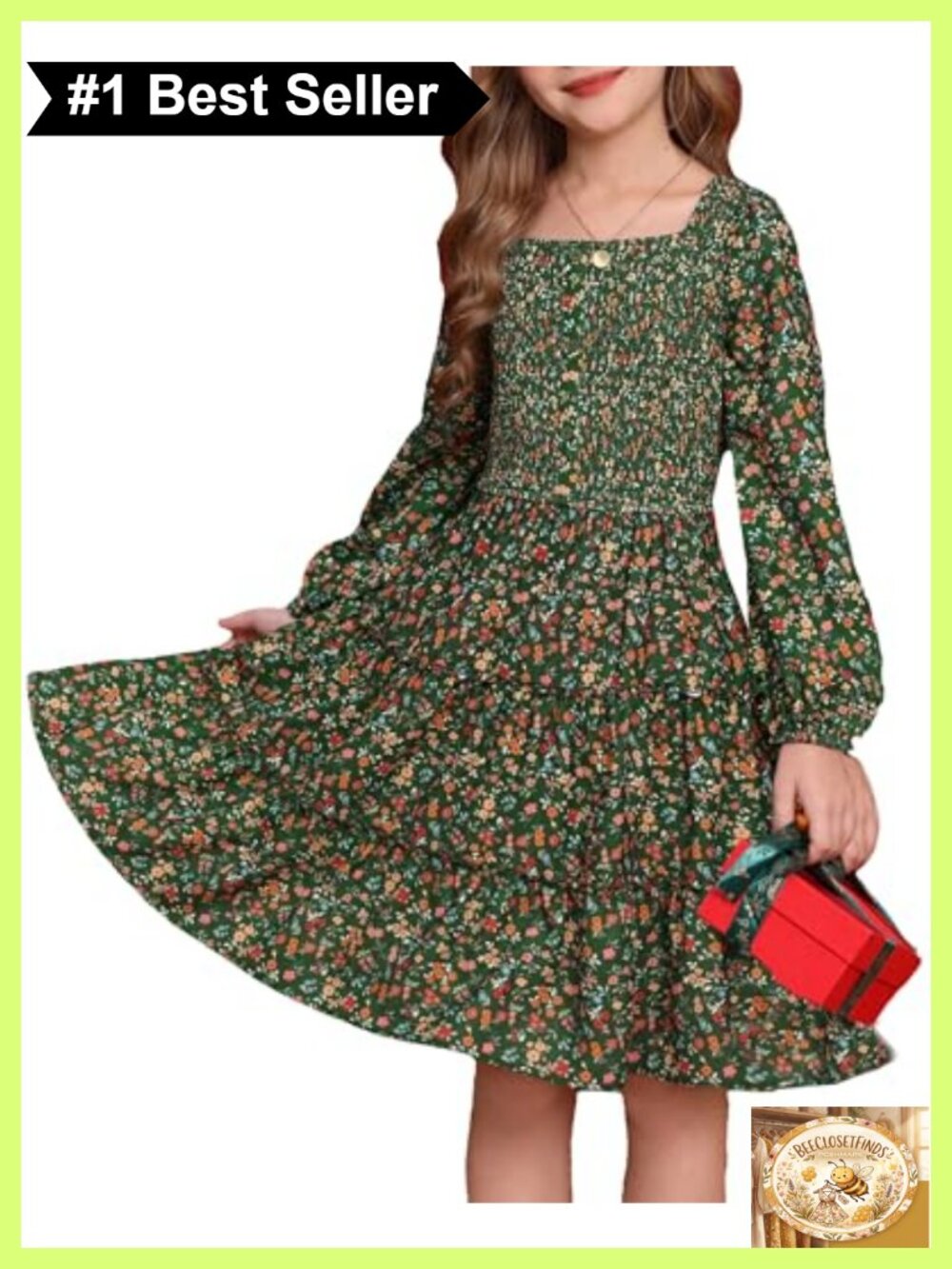 Girls Long Sleeve Floral Dress Smocked Tiered A-Line Casual Size 6-14